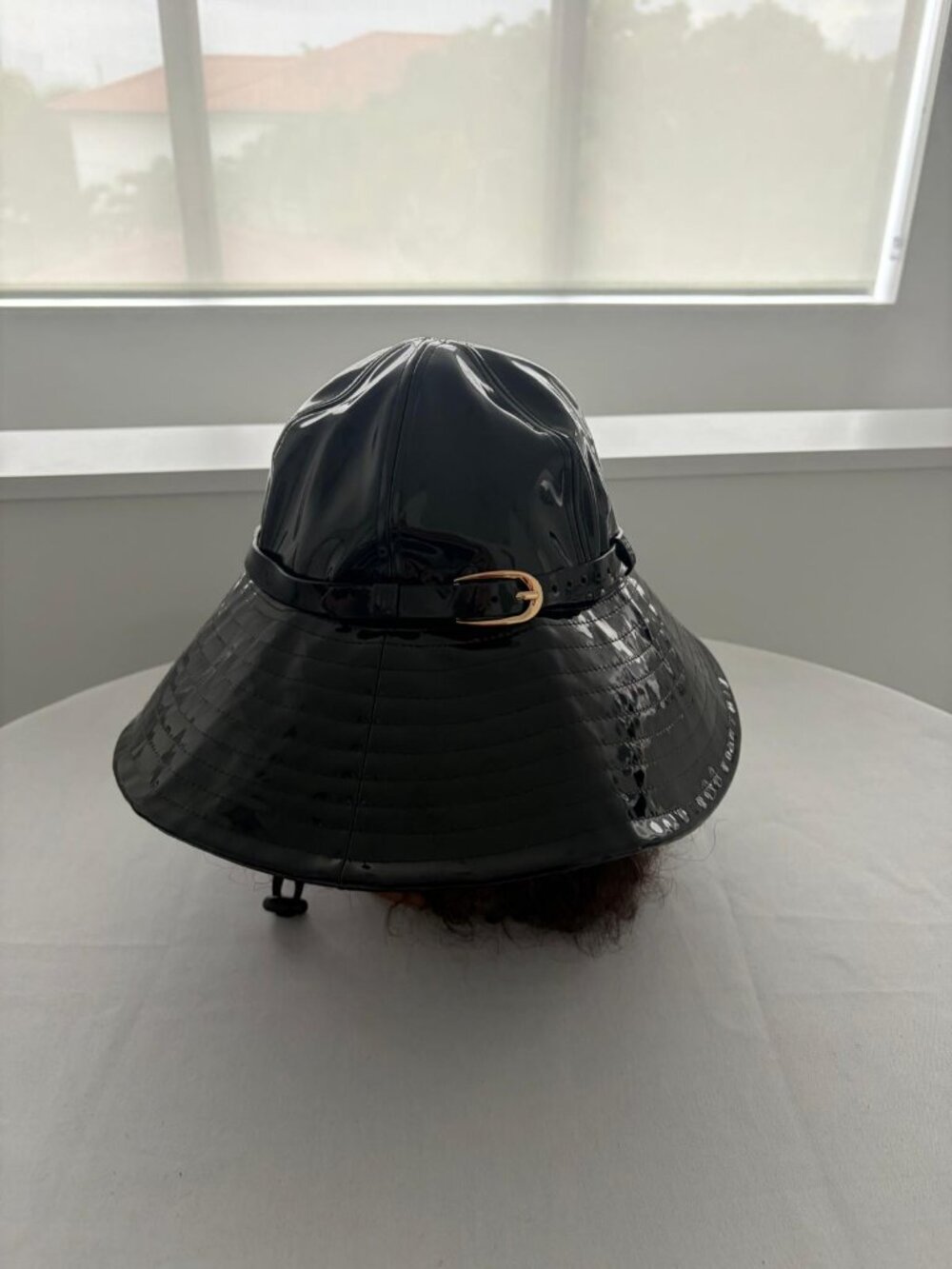 Vinrella Shiny Black Wide Brim Hat with Gold Buckle